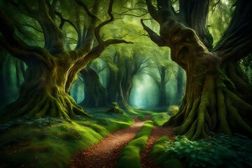 A beautiful enchanted forest with big fairytale trees and great vegetation ,Generative ai