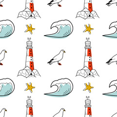 vector contur and color stain seamless pattern on the theme of sea cruise