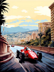 Voiture de sport rouge qui roule à vive allure sur le circuit de Monaco - obrazy, fototapety, plakaty