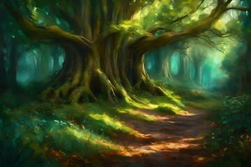 A beautiful enchanted forest with big fairytale trees and great vegetation ,Generative ai