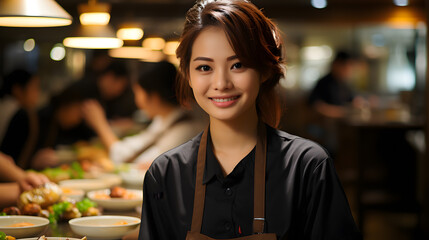 Portrait of Japanese Waitress Working in Restaurant