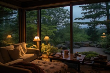 Fototapeta premium Evening view of Japanese garden from living room