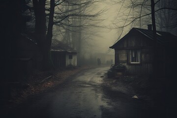 Scary house in the misty forrest, Apply a lens with a sepia tone effect for a nostalgic vibe. Generative AI