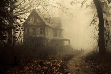 Obraz premium Scary house in the misty forrest, Apply a lens with a sepia tone effect for a nostalgic vibe. Generative AI