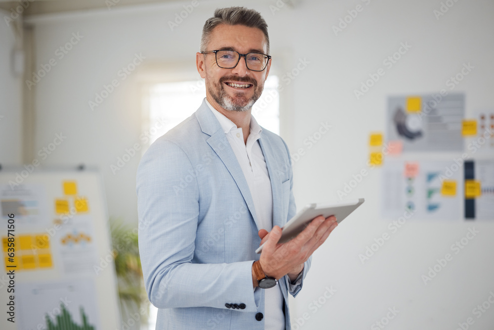 Poster portrait of mature man in office with tablet, smile and research for business website, online report