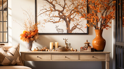 Autumnal hallway decor, interior design and house decoration, welcoming autumn entryway furniture,...
