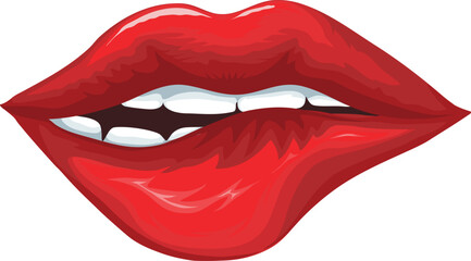 Sexy red lips, biting lip. Vector illustration. 