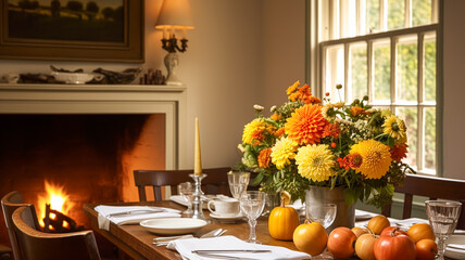 Dining room decor, interior design and autumn holiday celebration, elegant autumnal table decoration with candles and flowers, home decor and country cottage style