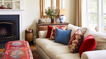 Interior design, home decor, sitting room and living room, white sofa and furniture in English country house and elegant cottage style