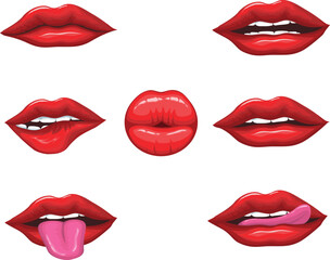 Set of Sexy woman's lips expressing with different emotions, such as smile, kiss, half-open mouth, biting lip, lip licking, tongue out. Red lips collection, vector illustration isolated on white.