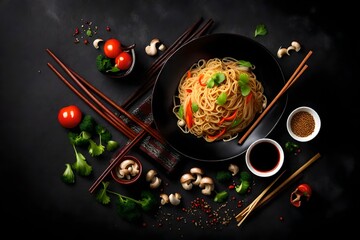 Asian noodles with vegetables and mushrooms, soy sauce, sticks on a dark background, top view with copy space , Generative ai