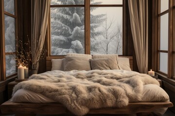 Cozy room with soft white bedding on a wooden bed.