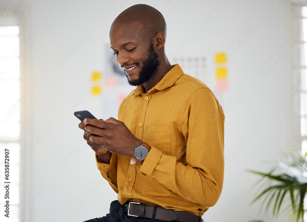Poster business, black man and typing on smartphone in office for social network, mobile website and intern