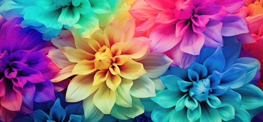 Obraz premium RAINBOW FLOWERS. Floral wallpaper, Colorful background, Emotional texture, Evocative pattern. MULTICOLORED 3D FLOWERS. Three-dimensional flowers. Shades of blue, green, yellow, red and purple.