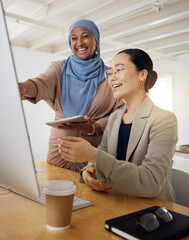 Computer, business women and Muslim mentor with feedback and website support in work discussion....
