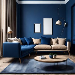 Beige corner sofa in room with dark blue walls. Interior design of modern living room , Generative ai