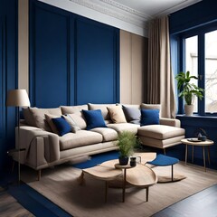 Beige corner sofa in room with dark blue walls. Interior design of modern living room , Generative ai