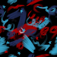 Abstrackt seamless pattern with stars and oil brush. Red and blue colors