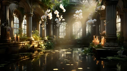 Papier Peint photo Lieu de culte serene, peaceful temple of water, with white orchids, growing vines, sparkling cascading waterfall, golden shining pillars of light, background for music