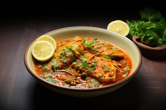 Indian spicy fish curry served in a bowl, moody background