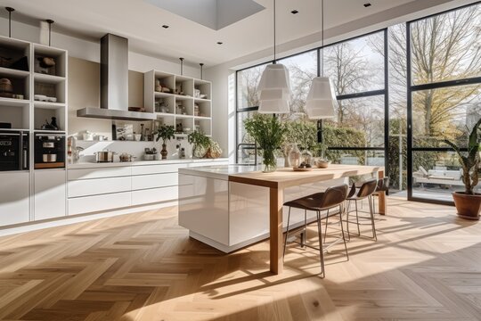 Contemporary kitchen with dining island, windows, white and wood, oak parquet, top view, .