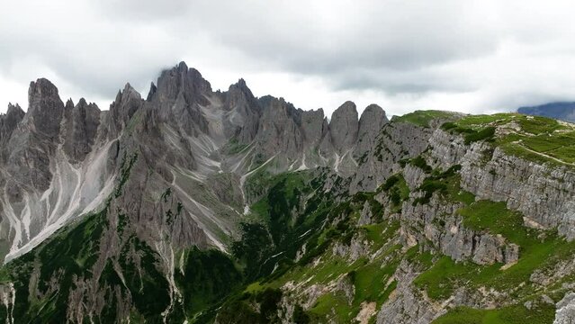 Aerial view Cadini di Misurina mountain group in Dolomites, Italy, part of Tre Cime di Levaredo national park and UNESCO world heritage site.