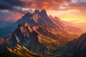 Majestic mountain range at sunset, casting vibrant hues across the horizon, ai generated.