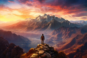 Naklejka na ściany i meble Majestic mountain range at sunset, casting vibrant hues across the horizon, ai generated.
