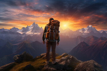 Majestic mountain range at sunset, casting vibrant hues across the horizon, ai generated.