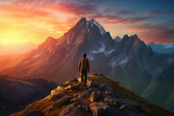 Majestic mountain range at sunset, casting vibrant hues across the horizon, ai generated.