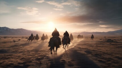 Mongolian warriors on horses going into battle - obrazy, fototapety, plakaty
