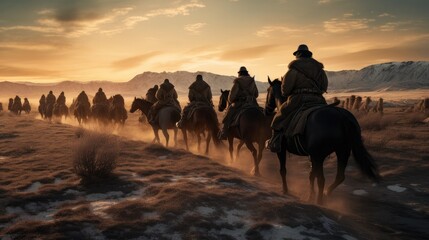 Mongolian warriors on horses going into battle