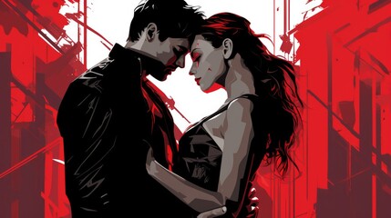 Fototapeta na wymiar Sin City Couple in Love Black and white - colorfull graphic novel illustration in comic style