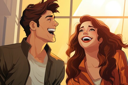 Shared Laughter Show the girl and her dream boy - colorfull graphic novel illustration in comic style