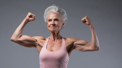 Older woman in great physical shape shows her biceps on gray background. - obrazy, fototapety, plakaty