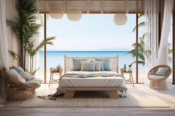 coastal boho style in a bedroom interior background