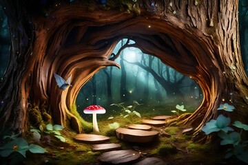 Enchanted fairy forest with magical shining window in hollow tree, large mushroom with bird and flying magic butterfly leaving path with luminous sparkles , Generative ai