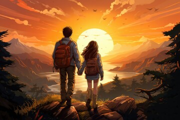 Adventure Together Illustrate the girl and her dream - colorfull graphic novel illustration in comic style - obrazy, fototapety, plakaty