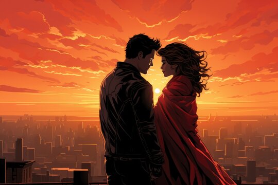 Urban Heroes Depict the couple as urban superheroes - colorfull graphic novel illustration in comic style