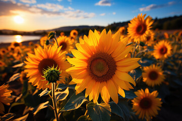 Fototapeta premium Vibrant sunflower field stretching towards the horizon, ai generated.