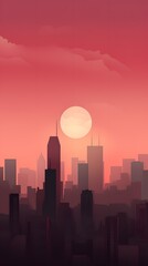 Fototapeta premium Deep maroon and rose color gradient minimalistic cityscape silhouette skyline hd phone wallpaper, ai generated
