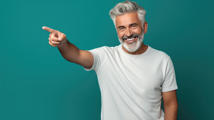 Fototapeta premium Senior man wearing white T-shirt pointing with hand and finger to the side looking at the camera.