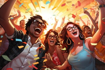 Dance Party Illustrate the group letting loose - colorfull graphic novel illustration in comic style