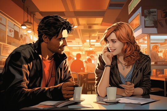 Counter Conversations Illustrate the waitress - colorfull graphic novel illustration in comic style