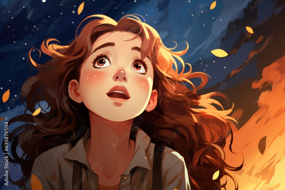 Wall mural dreamy stargazing capture her looking up - colorfull graphic novel illustration in comic style