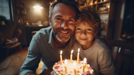 Happy father and son celebrating birthday with huge tasty cake with candles. Created with Generative AI technology.