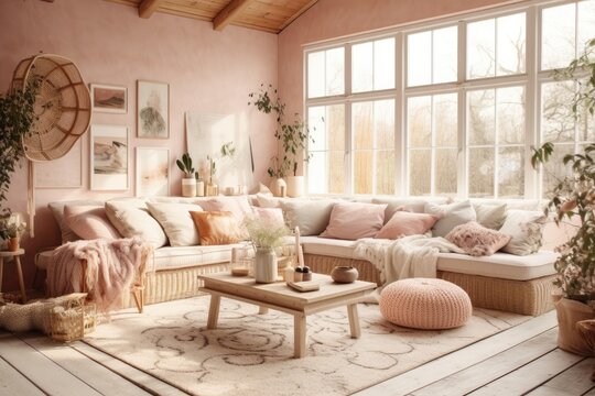 a vintage Scandi Boho room in light pastel colors - Powered by Adobe