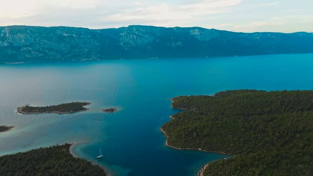 aerial drone view on beautiful seascape of mediterranean sea coastline at Marmaris Area, Turkey. turquoise water, paradise islands different shapes and sizes, cozy bays ideal for yachts and boats