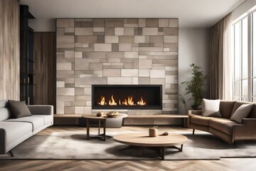Fireplace decorated with stone tiles in minimalist interior design of modern living room with sofa , Generative ai