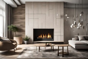 Fireplace decorated with stone tiles in minimalist interior design of modern living room with sofa , Generative ai